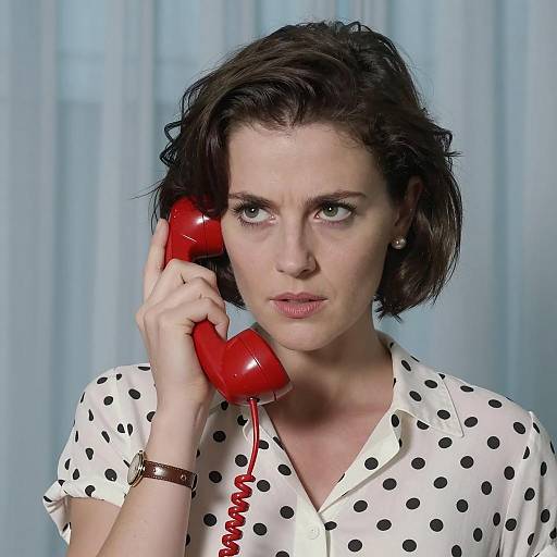 Woman Talking on Red Rotary Phone