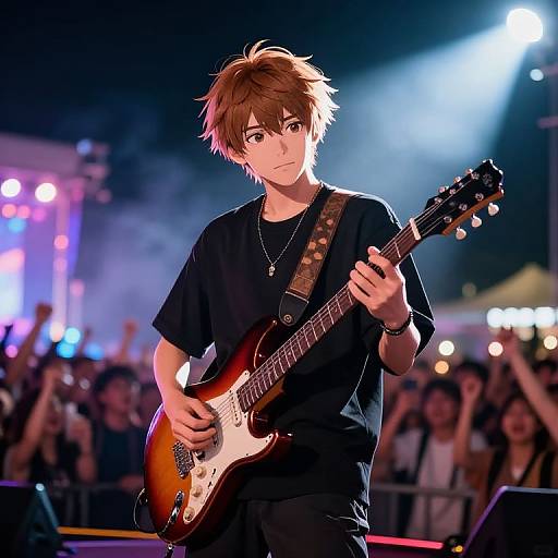 Anime-style digital artwork of a young male guitarist with tousled brown hair, black t-shirt, and leather strap, performing on stage under bright lights.