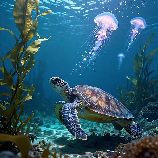 Photograph of a sea turtle swimming underwater, surrounded by vibrant seaweed and two glowing jellyfish, with blue ocean water lighting the scene.