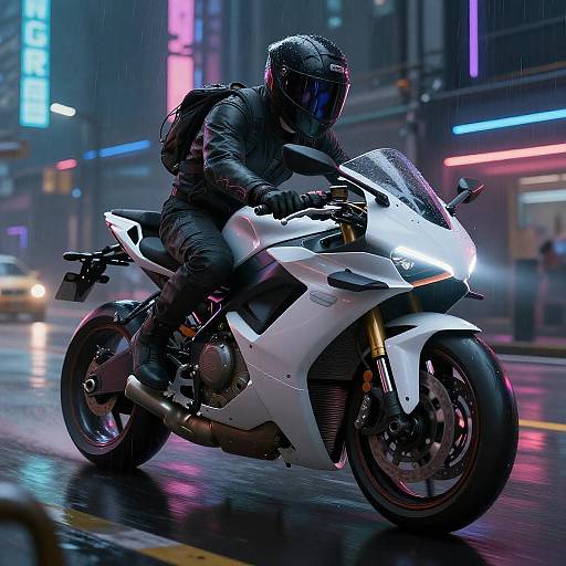 Futuristic Motorcycle in Neon Cyberpunk Rain