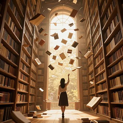 Digital art of a woman in a black dress, arms raised, books flying towards a bright, sunlit arched window in a vast, wooden library