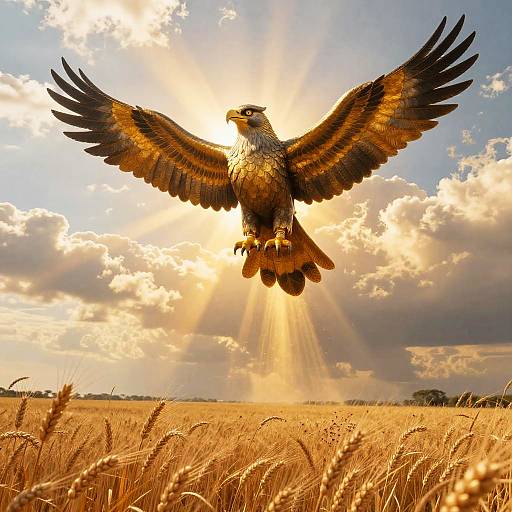 Photograph of a golden eagle with outstretched wings soaring over a sunlit, golden wheat field, sunlight beams through clouds.