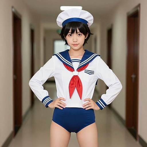 Photograph of an Asian teenage girl in a white sailor uniform with red neckerchief, blue shorts, and white sailor hat, standing confidently in a