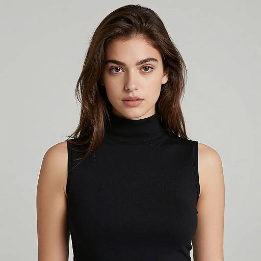 Photograph of a young woman with long brown hair, fair skin, and brown eyes, wearing a sleeveless black turtleneck against a white background