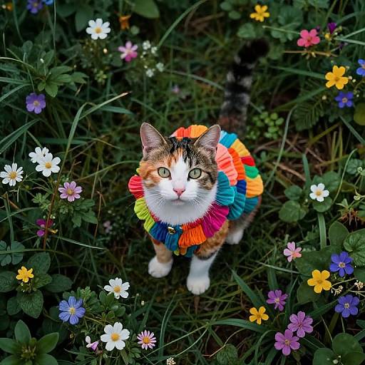 Photograph of a tabby cat with white patches, wearing a rainbow-colored ruffled collar, standing amidst colorful flowers in a lush green garden.