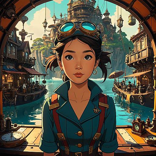 Steampunk Aviator Girl in Floating Island Marketplace