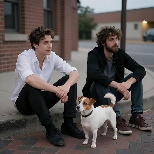 Dusk Portrait of Two Men and Dog