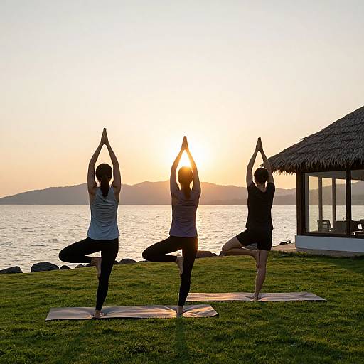 Photograph of three women in silhouettes, practicing yoga poses (tree pose with hands in prayer) at sunset by a beach, with a that