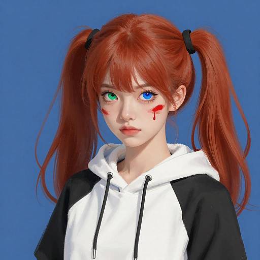 CGI anime-style girl with red pigtails, heterochromia (blue and green eyes), blood marks on cheeks, wearing black-and-white