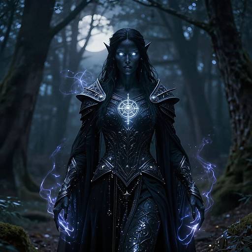 Digital fantasy artwork of a glowing, blue-elf warrior with pointed ears, dark armor, and ethereal blue lightning in a mystical forest.