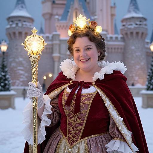 Photograph of a smiling woman in a royal winter costume with a gold crown, red velvet cape, and ornate staff, standing in front of a