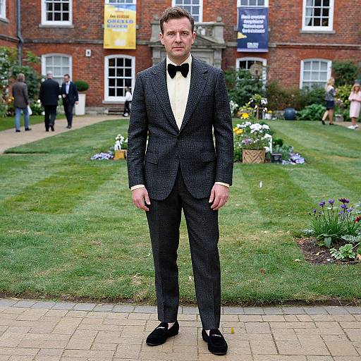 Photograph of a Caucasian man in a black checkered tuxedo, white shirt, black bow tie, and black shoes, standing on a brick