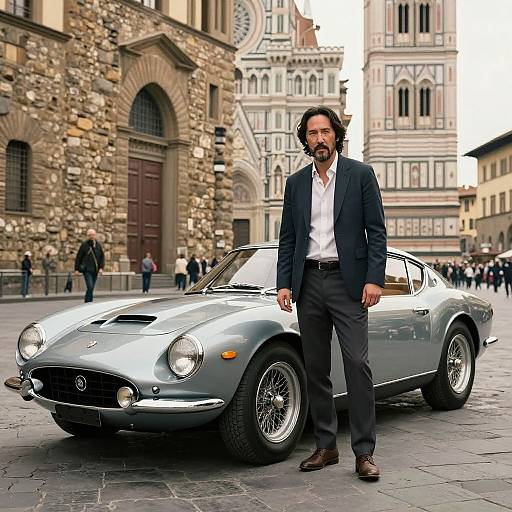 Photograph of a bearded man in a black suit and white shirt standing beside a silver classic Alfa Romeo sports car in a historic European square with