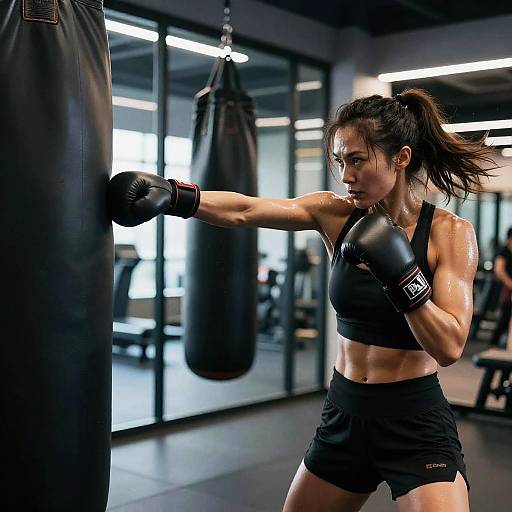 Photograph of a muscular, tan-skinned, dark-haired woman in black sports bra and shorts, boxing gloves on, punching a heavy bag in a