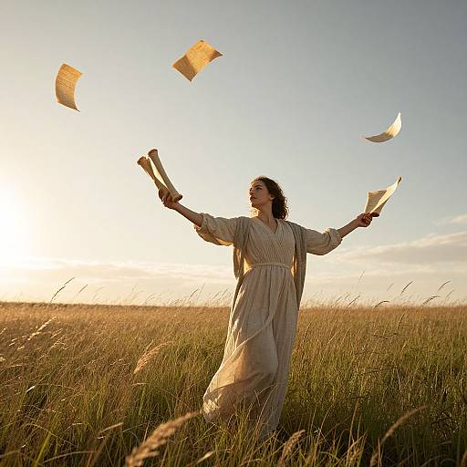 Photograph of a woman in a flowing beige dress, standing in a golden grass field at sunset, joyfully tossing paper kites into the air.