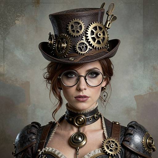 Steampunk portrait of a pale-skinned woman with brown hair, wearing round glasses, a black top hat adorned with gears, and a dark leather