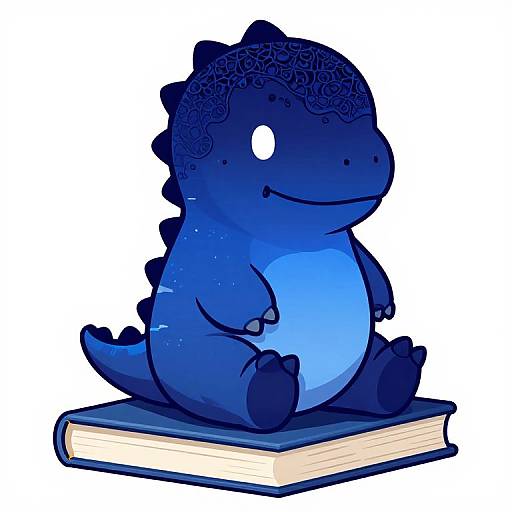 Chibi-style digital drawing of a cute, blue, cartoon dinosaur with dark blue, intricate-patterned head, sitting on a thick book.