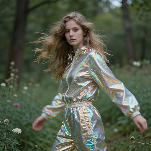 Photograph of a young woman with wavy blonde hair in a reflective, shiny silver jumpsuit walking through a lush, green forest.