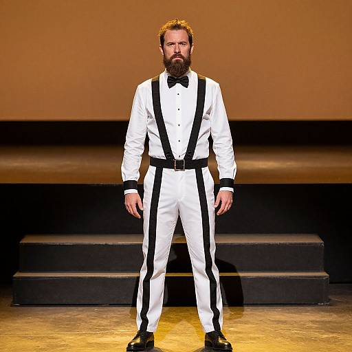 Photograph of a bearded man with a full beard, wearing a white tuxedo with black trim, black bow tie, and black shoes,