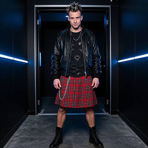 Photograph of a Caucasian man with spiky hair, wearing a black leather jacket, black shirt, red plaid kilt, chains, and black