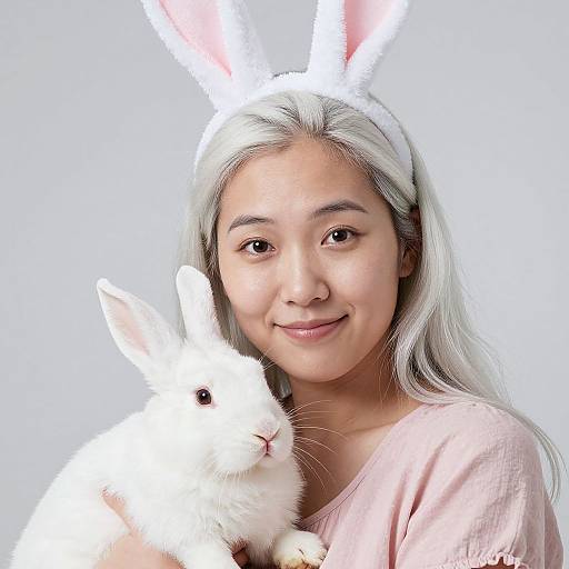 Photograph of an Asian woman with long, silver hair wearing white bunny ears, smiling, and holding a fluffy white rabbit against a plain white background.