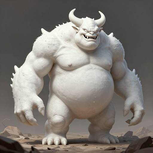 CGI image of a muscular, white, horned, orc-like creature with sharp teeth, large claws, and a round belly, standing on a