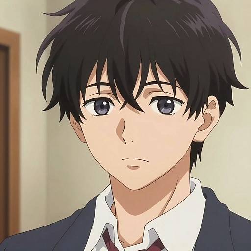 Anime-style digital drawing of a young man with black, tousled hair, blue eyes, and a neutral expression, wearing a dark suit and white shirt