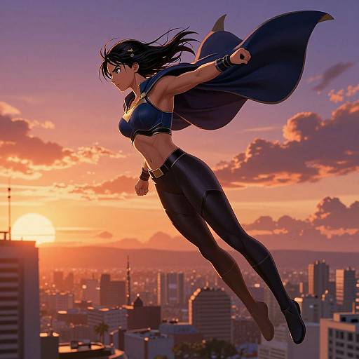 Muscular Anime Superhero Flying at Sunset