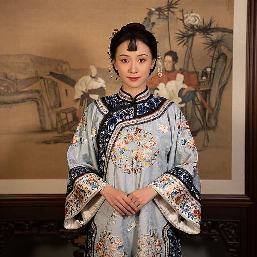 Photograph of a young East Asian woman in traditional floral-patterned blue kimono, standing in front of a classical painting.