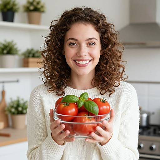 Photograph of a smiling, curly-haired woman in a white sweater holding a clear bowl of fresh, red tomatoes with green basil leaves, in a bright