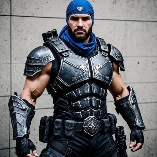 Cosplay Warrior in Heavy Armor with Blue Accents