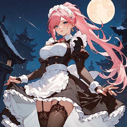Anime Maid Under Moonlit Night