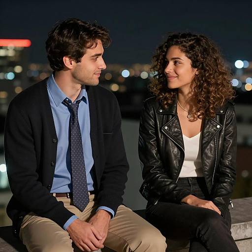 Couple Sitting on Rooftop at Night