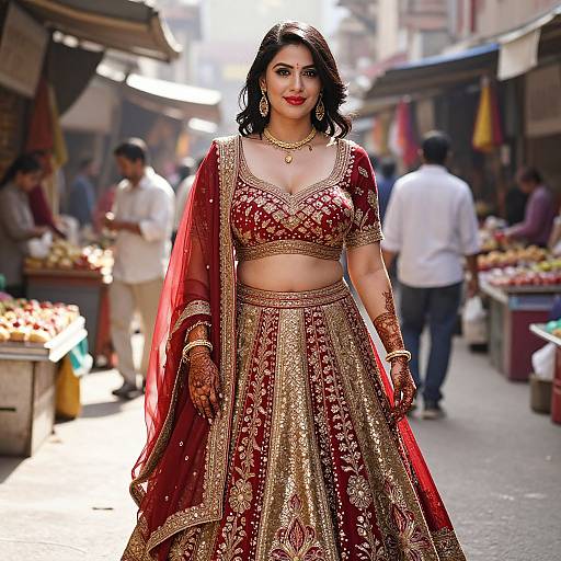 Photograph of a confident Indian woman in a red and gold traditional lehenga and choli, adorned with jewelry, walking through a bustling market street with