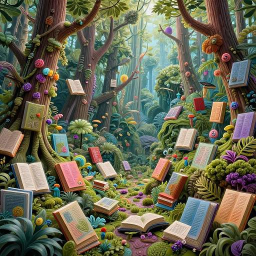 Whimsical forest scene with enchanted trees adorned with colorful flowers and floating open books, surrounded by vibrant foliage and sunlight. Digital artwork.