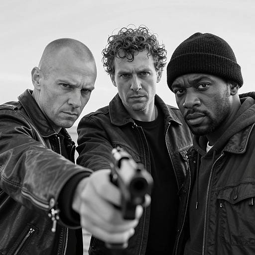 Intense Trio with Gun in Black and White