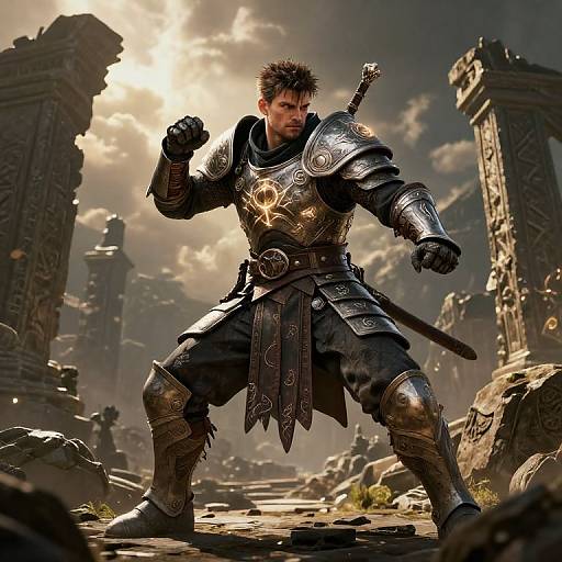 Photorealistic digital art: muscular male warrior with spiked hair, detailed silver armor, and sword, standing in a sunlit, ruined, ancient temple