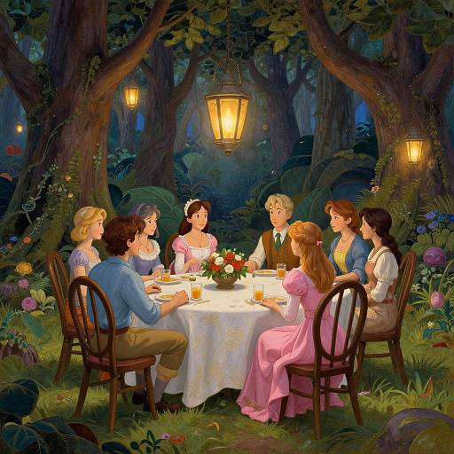 Illustration of a romantic forest dinner: six people with various hair colors, dressed in Victorian-style clothing, sitting around a lit table under glowing lanterns