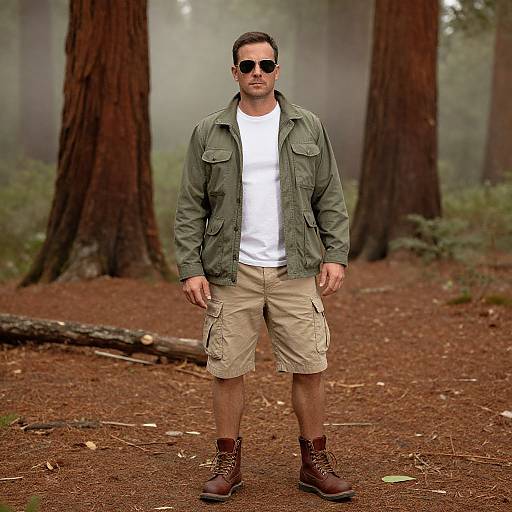 Photograph of a man in a forest, wearing sunglasses, green jacket, white t-shirt, beige shorts, brown boots, standing on brown pine needles