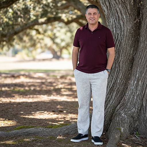 Photograph of a middle-aged man with short gray hair, wearing a dark purple polo shirt, white pants, and black sneakers, standing against a large