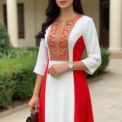 Woman in Embroidered Dress by Columns
