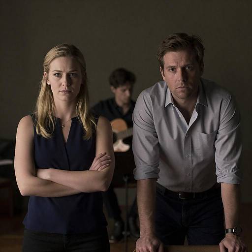 Serious Man and Woman in Dimly Lit Room with Guitarist