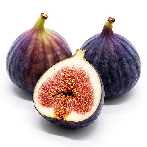 Photograph of three whole purple figs and one halved fig, showcasing its vibrant red, seed-filled interior against a white background.
