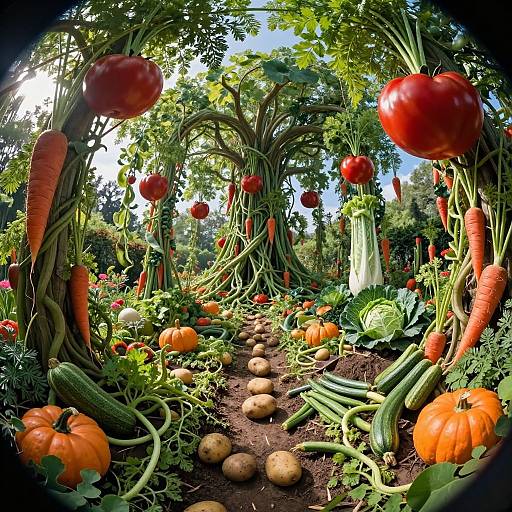 Photograph of surreal garden: vibrant red tomatoes, orange carrots, pumpkins, potatoes, and cucumbers grow from twisted green vines, illuminated by