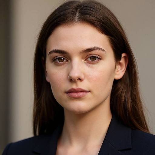 Photograph of a young woman with fair skin, straight dark brown hair, brown eyes, and light pink lips, wearing a black blazer, against