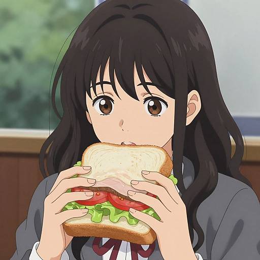 Anime-style digital drawing of a young girl with black hair and brown eyes eating a large sandwich with lettuce, tomato, and ham. She wears a school
