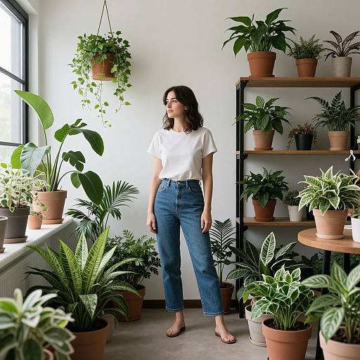 Photograph of a young woman with medium-length dark hair, wearing a white t-shirt and blue high-waisted jeans, standing in a bright,