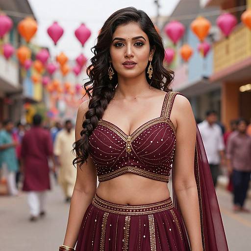 Photograph of a beautiful Indian woman with long black hair, wearing a maroon, gold-embellished traditional outfit, standing in a vibrant street
