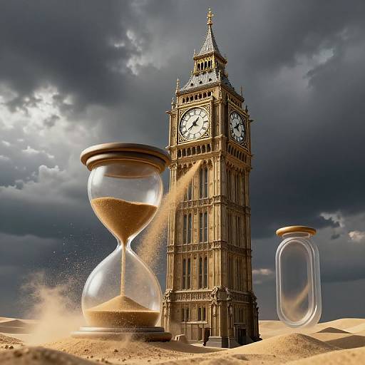 Photograph of the Big Ben clock tower beside two large glass hourglasses on a sandy desert with a stormy sky.