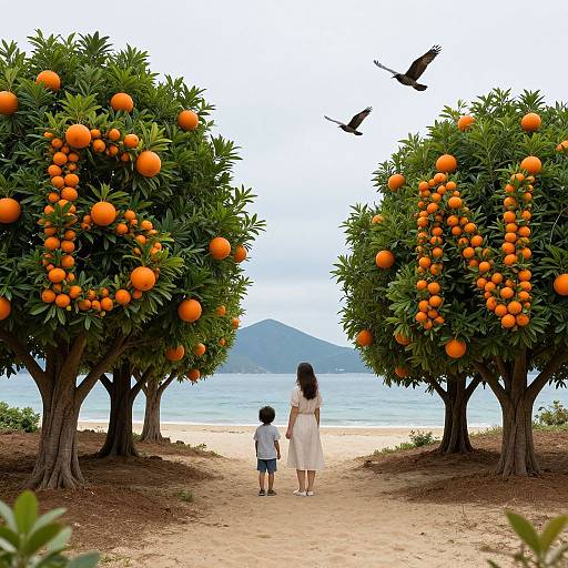 Photograph of a mother and child walking down an orange tree-lined path to a beach, with birds flying overhead and a mountain in the background.